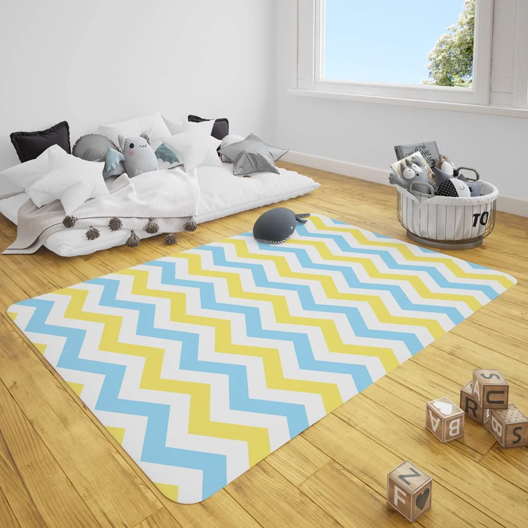 Geometrik Çocuk Halısı | Mavi, Sarı Zigzag desen Desenli