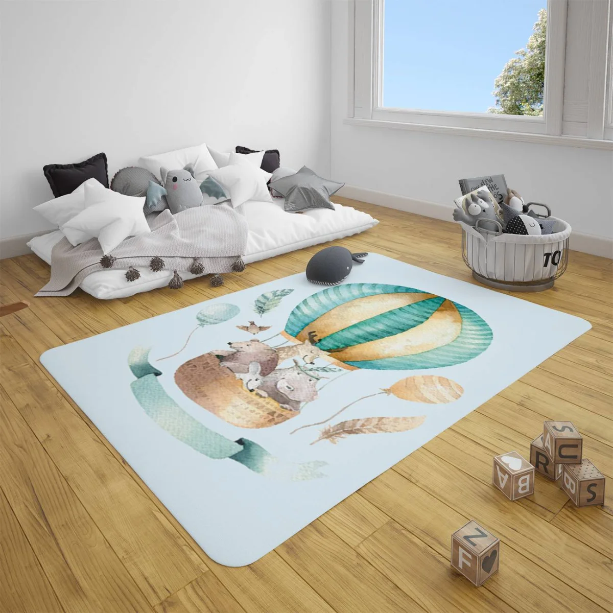 Orman Hayvanları Çocuk Halısı | Mavi Sıcak hava balonu, tüyler Desenli