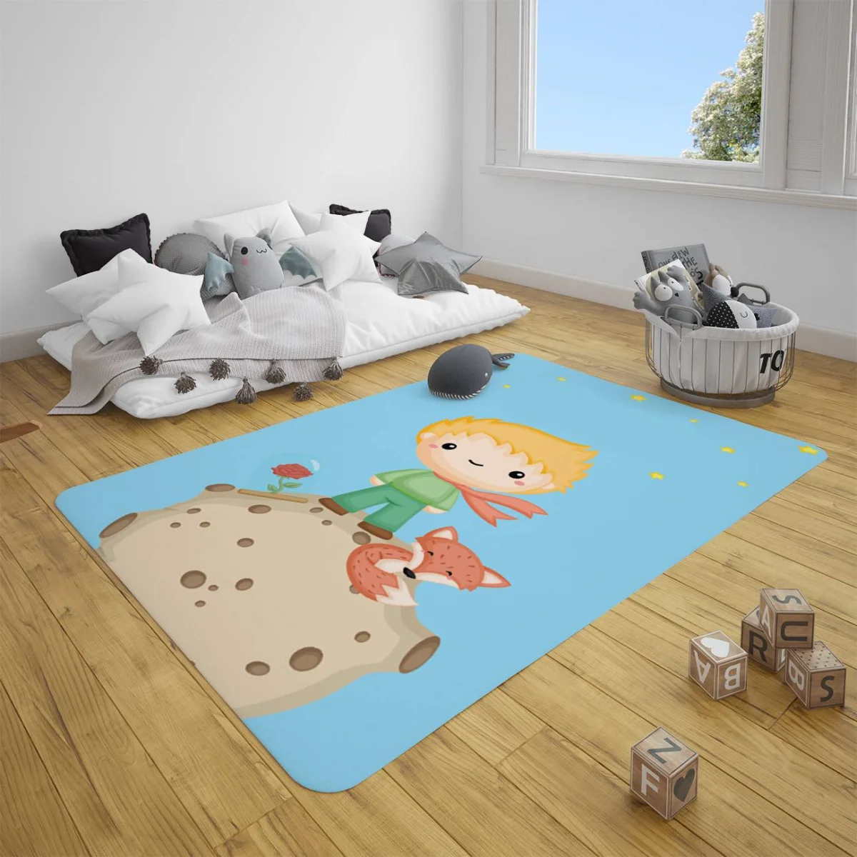 Küçük Prens Çocuk Halısı | Mavi yıldız, tilki Desenli