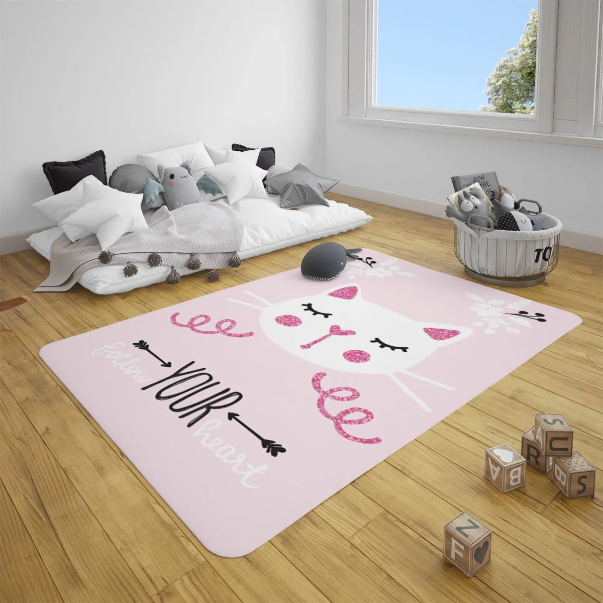 Kedi Çocuk Halısı | Pembe simli detaylar, çiçekler Desenli