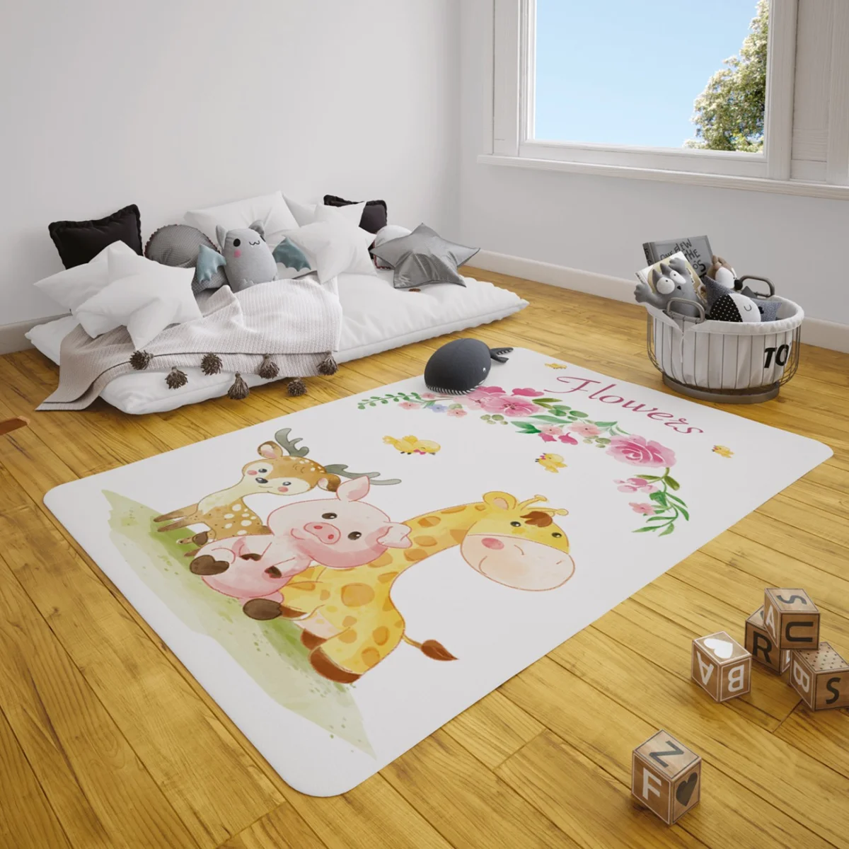 Orman Hayvanları Çocuk Halısı | Beyaz çiçekler, yapraklar Desenli