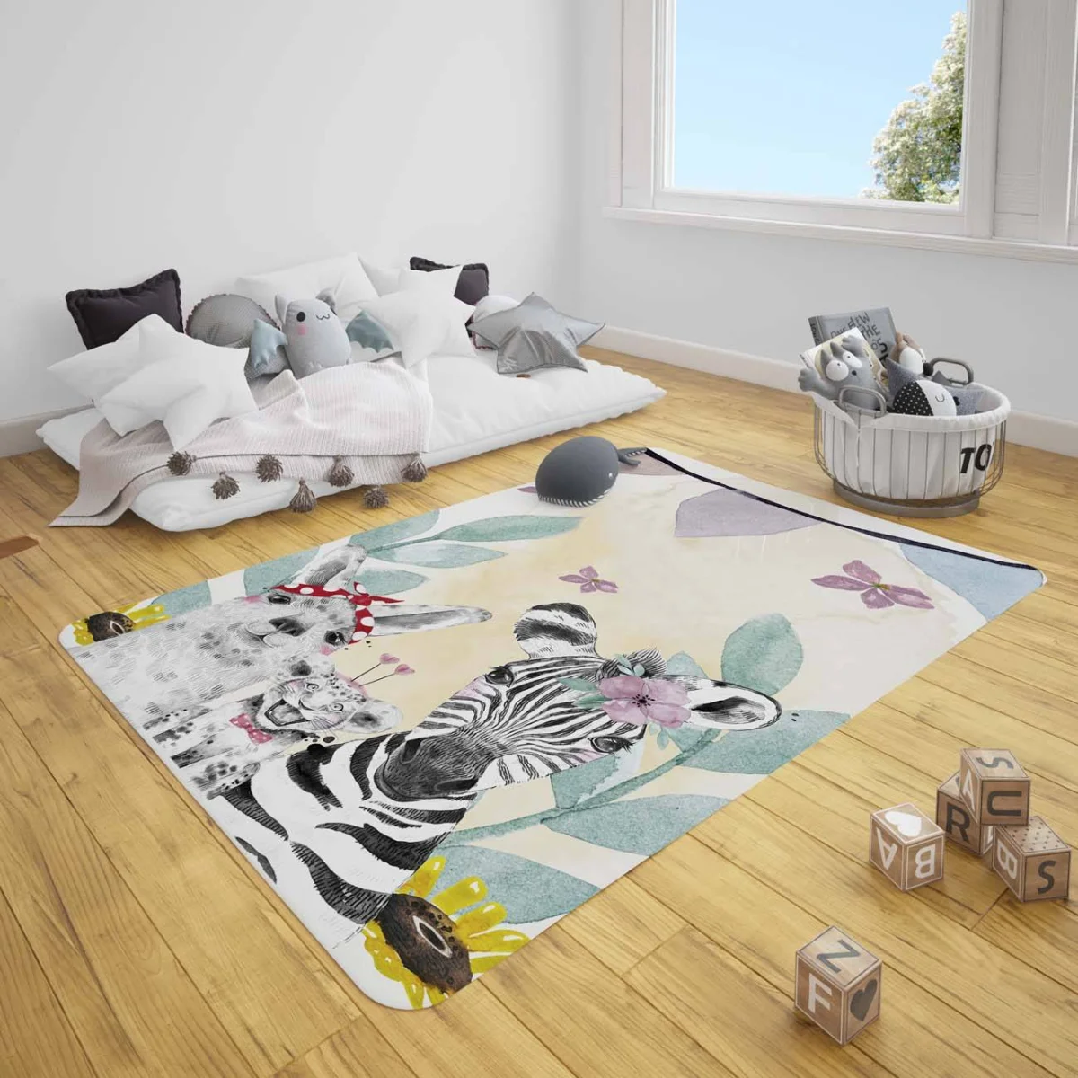 Orman Hayvanları Çocuk Halısı | Bej Pembe çiçekler, yeşil yapraklar Desenli