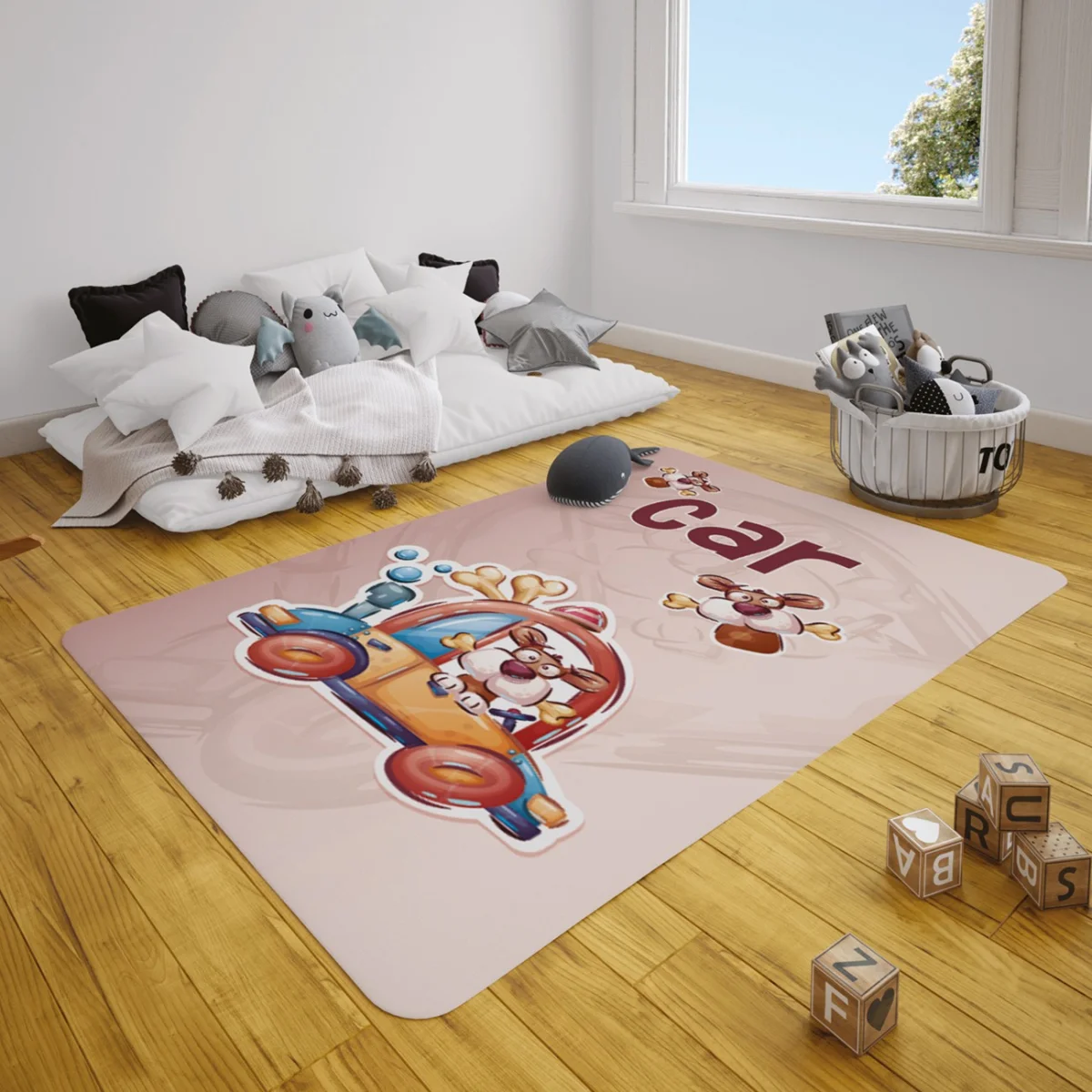 Köpek ve Araba Çocuk Halısı | Bej Kemik, yazı ve soyut desenler Desenli