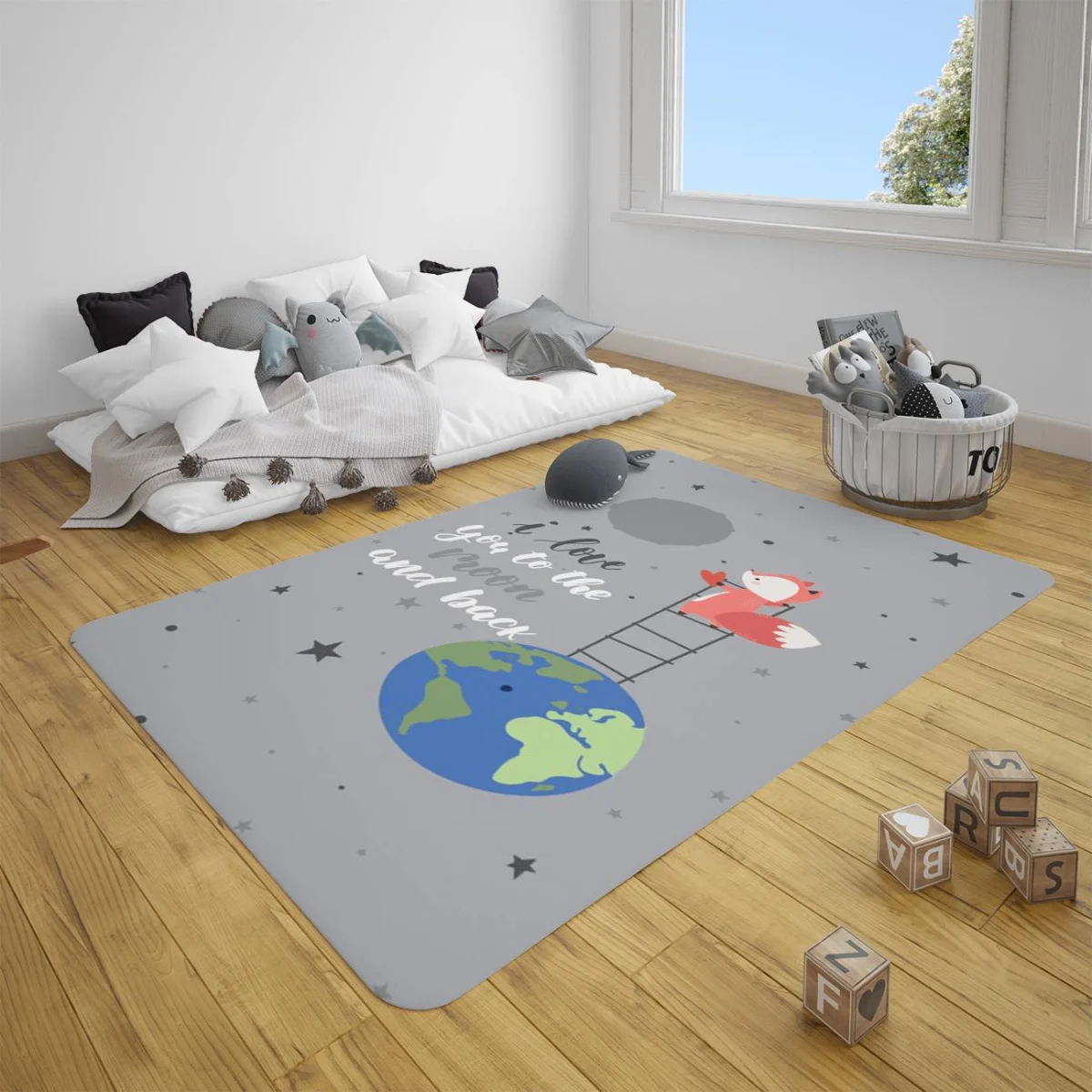Uzay, Tilki Çocuk Halısı | Gri Yıldızlar, dünya Desenli