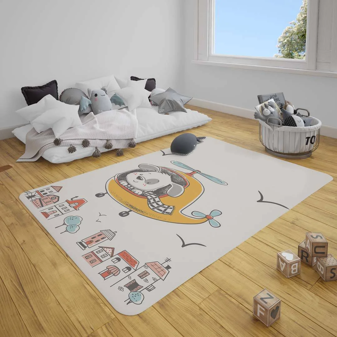 Uçan Köpek Çocuk Halısı | Beyaz Evler, ağaçlar Desenli