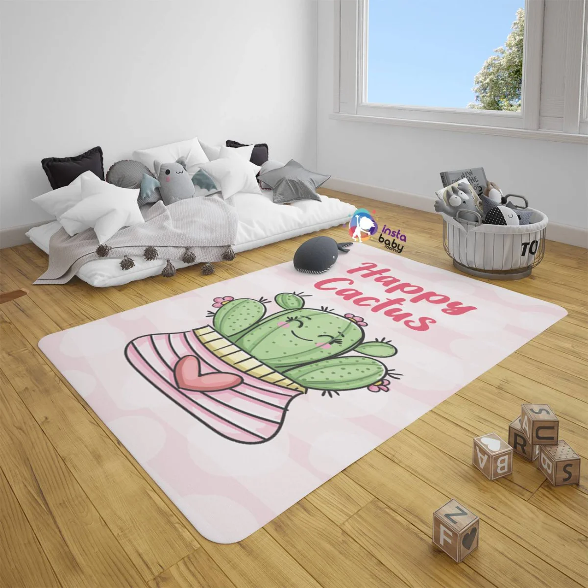 Kaktüs Çocuk Halısı | Beyaz pembe çizgili saksı, kalp Desenli