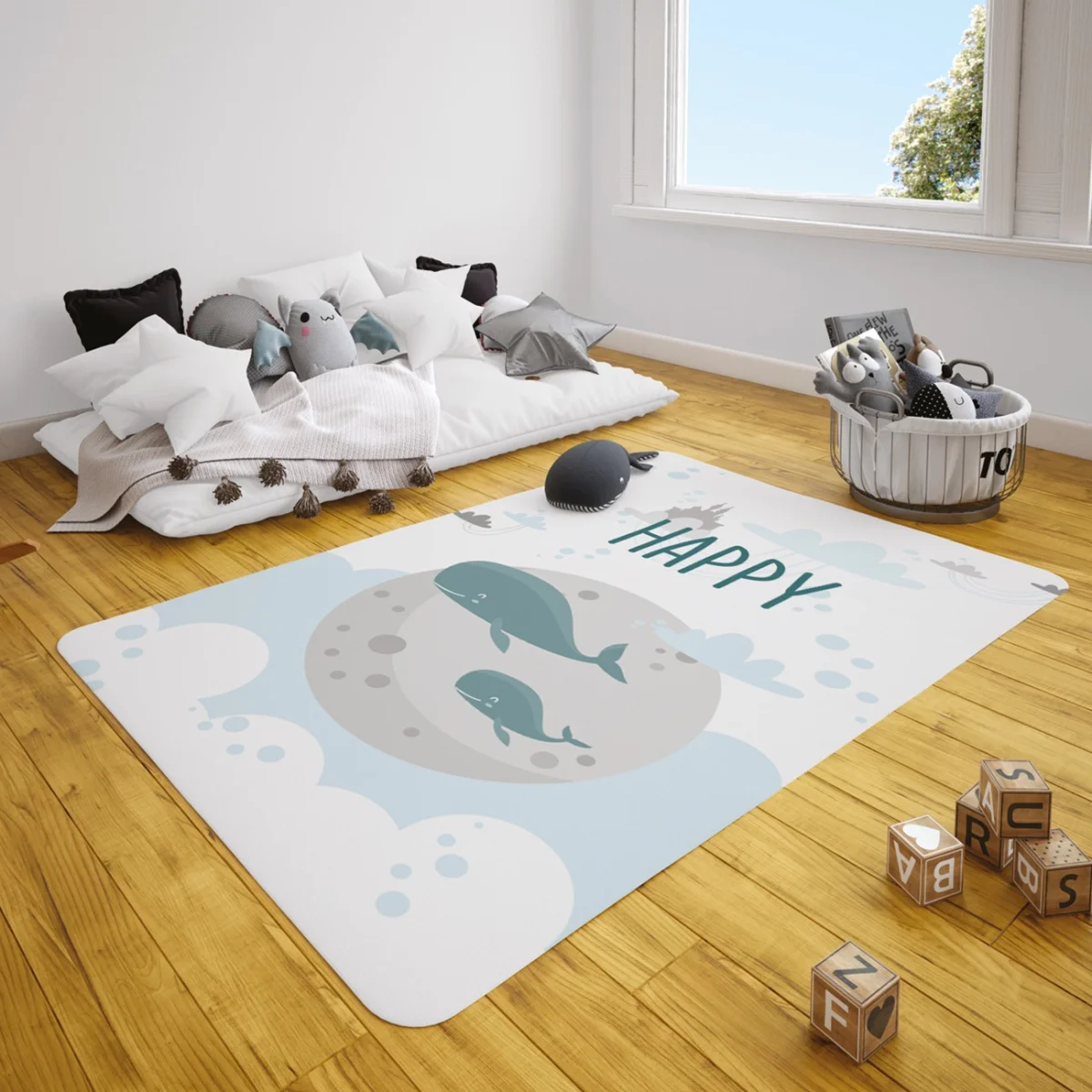 Balina Çocuk Halısı | Beyaz Bulut, ay Desenli