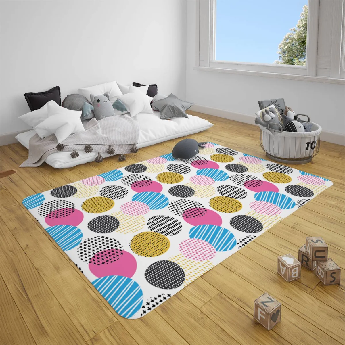 Geometrik desen Çocuk Halısı | Beyaz Çizgili, noktalı Desenli