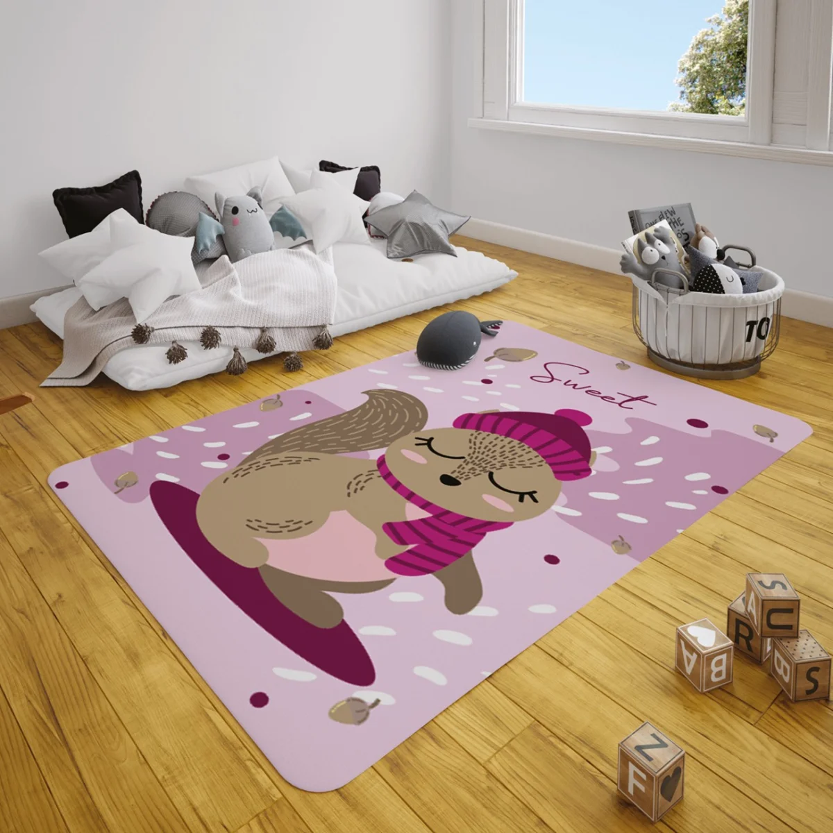 Orman Hayvanları, Sincap Çocuk Halısı | Pembe kar taneleri, palamutlar Desenli