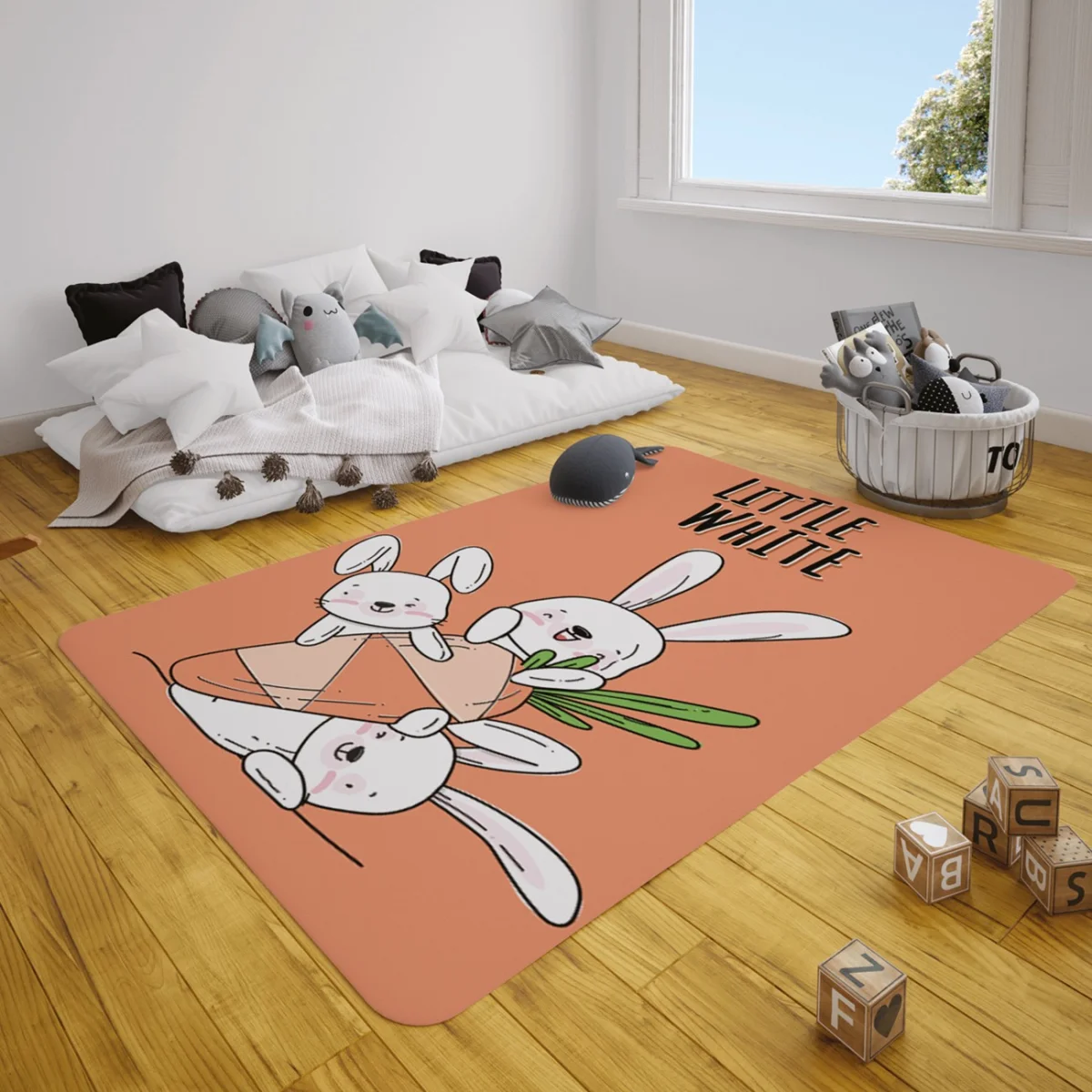 Tavşanlar Çocuk Halısı | Somon Sevimli beyaz tavşanlar, havuçlar Desenli