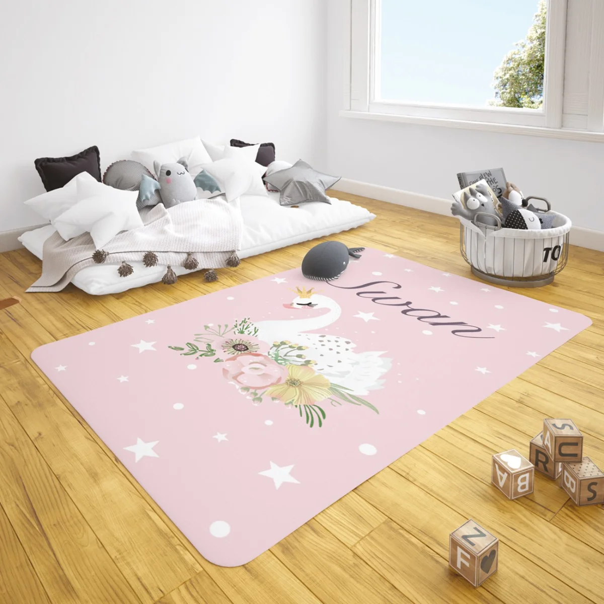 Kuğu Çocuk Halısı | Pembe yıldız, puantiye Desenli