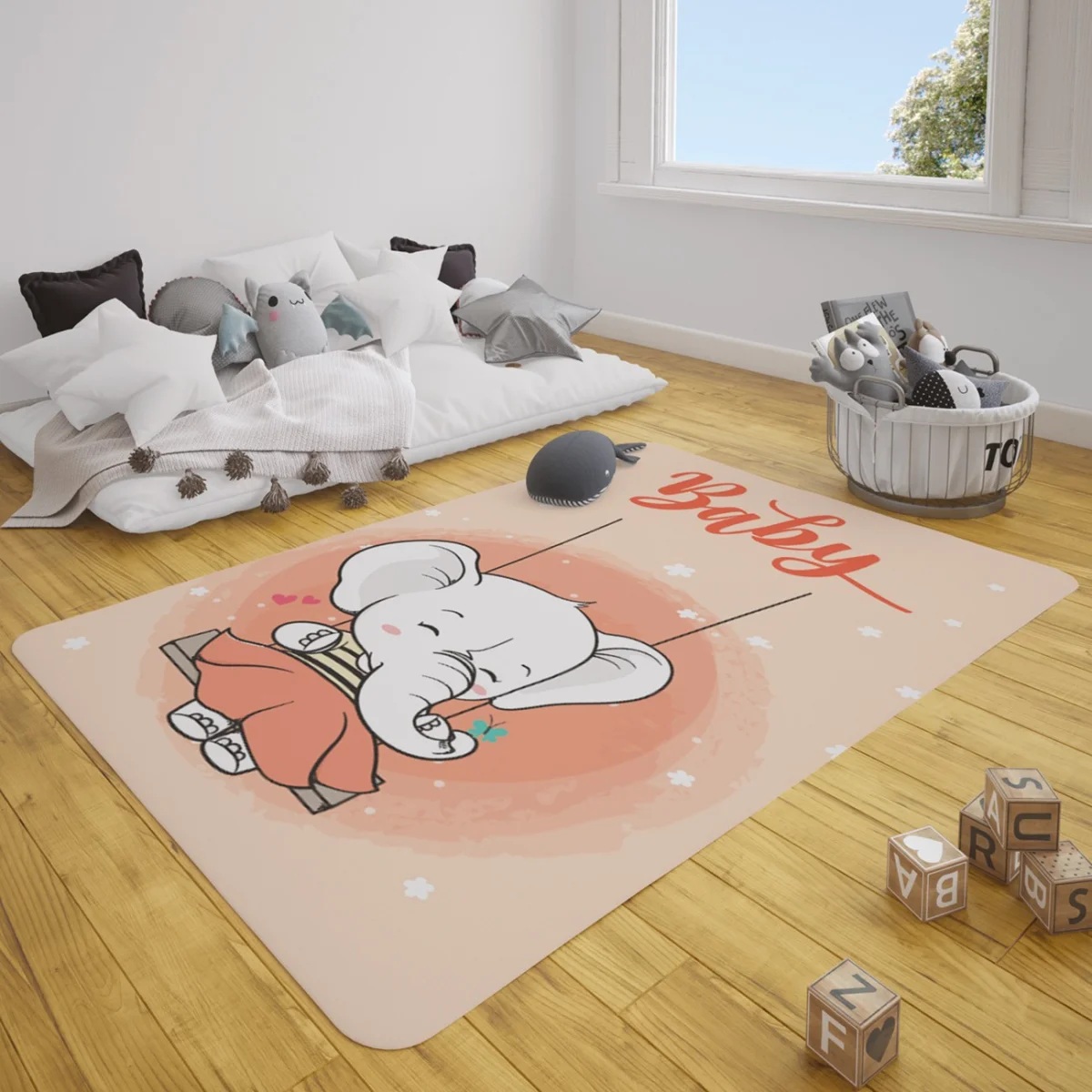 Fil Çocuk Halısı | Pembe Çiçekler, kalpler Desenli