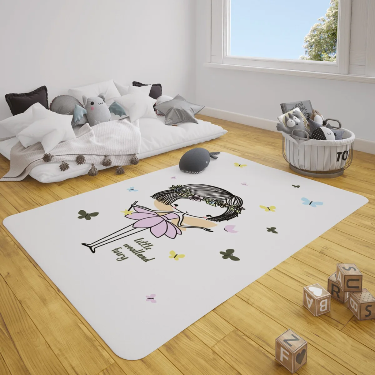 Peri Çocuk Halısı | Beyaz Kelebekler ve 'little woodland fairy' yazısı Desenli