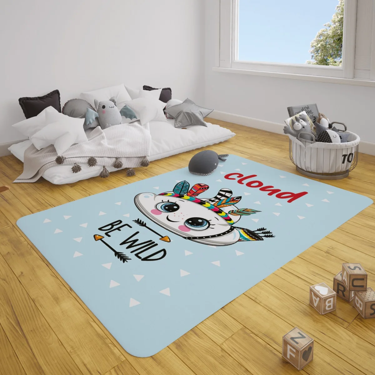 Boho Bulut Çocuk Halısı | Açık Mavi küçük üçgenler, oklar Desenli