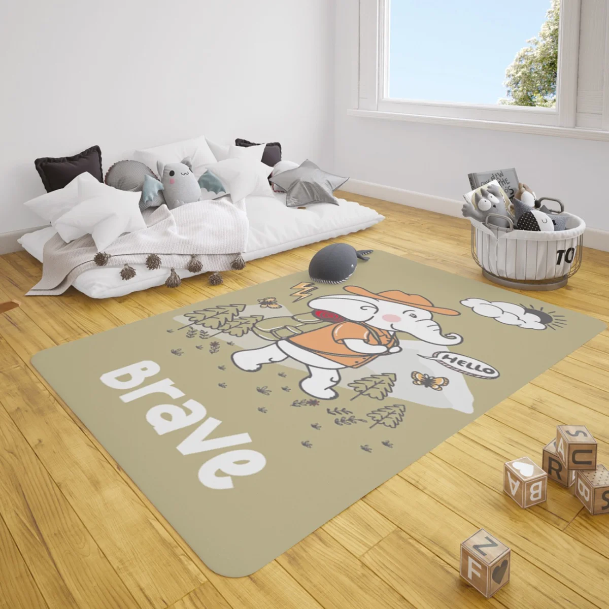 Maceracı Fil Çocuk Halısı | Haki dağlar, ağaçlar Desenli