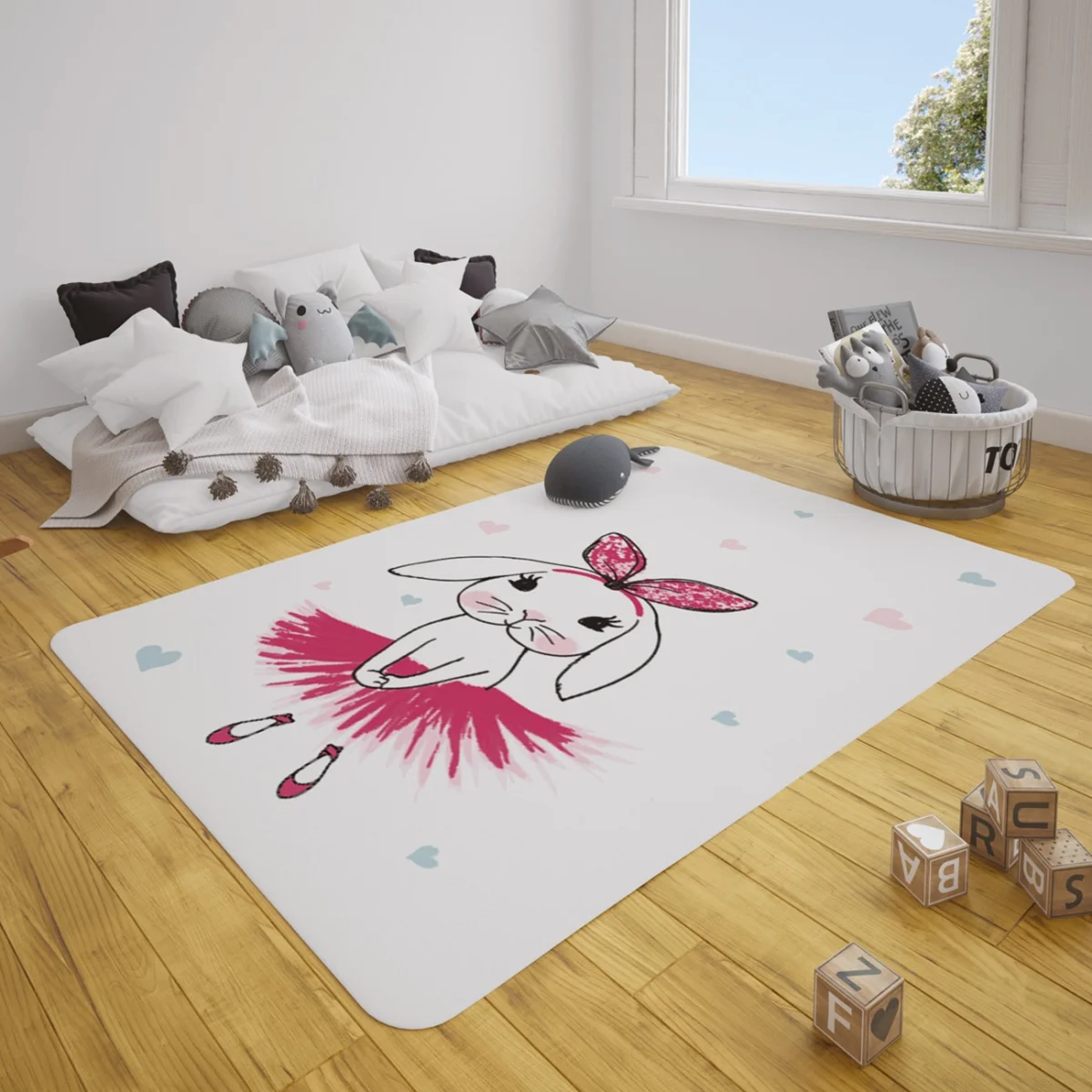Balerin Tavşan Çocuk Halısı | Beyaz Pembe ve mavi kalpler Desenli