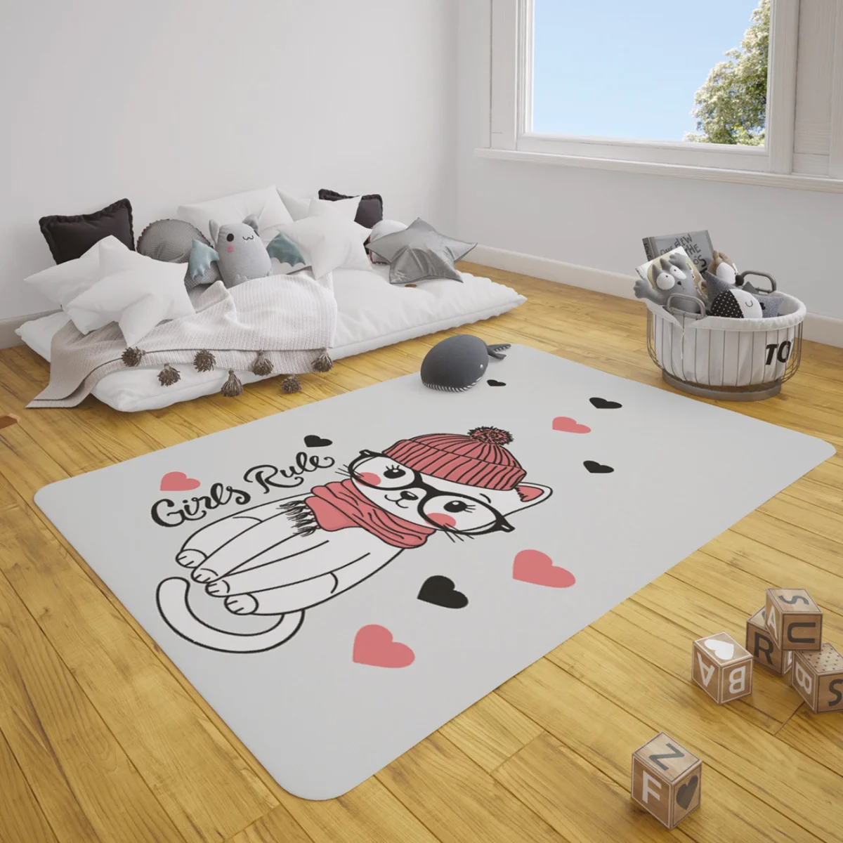 Kedi Çocuk Halısı | Beyaz Kalpler, Girls Rule yazısı Desenli