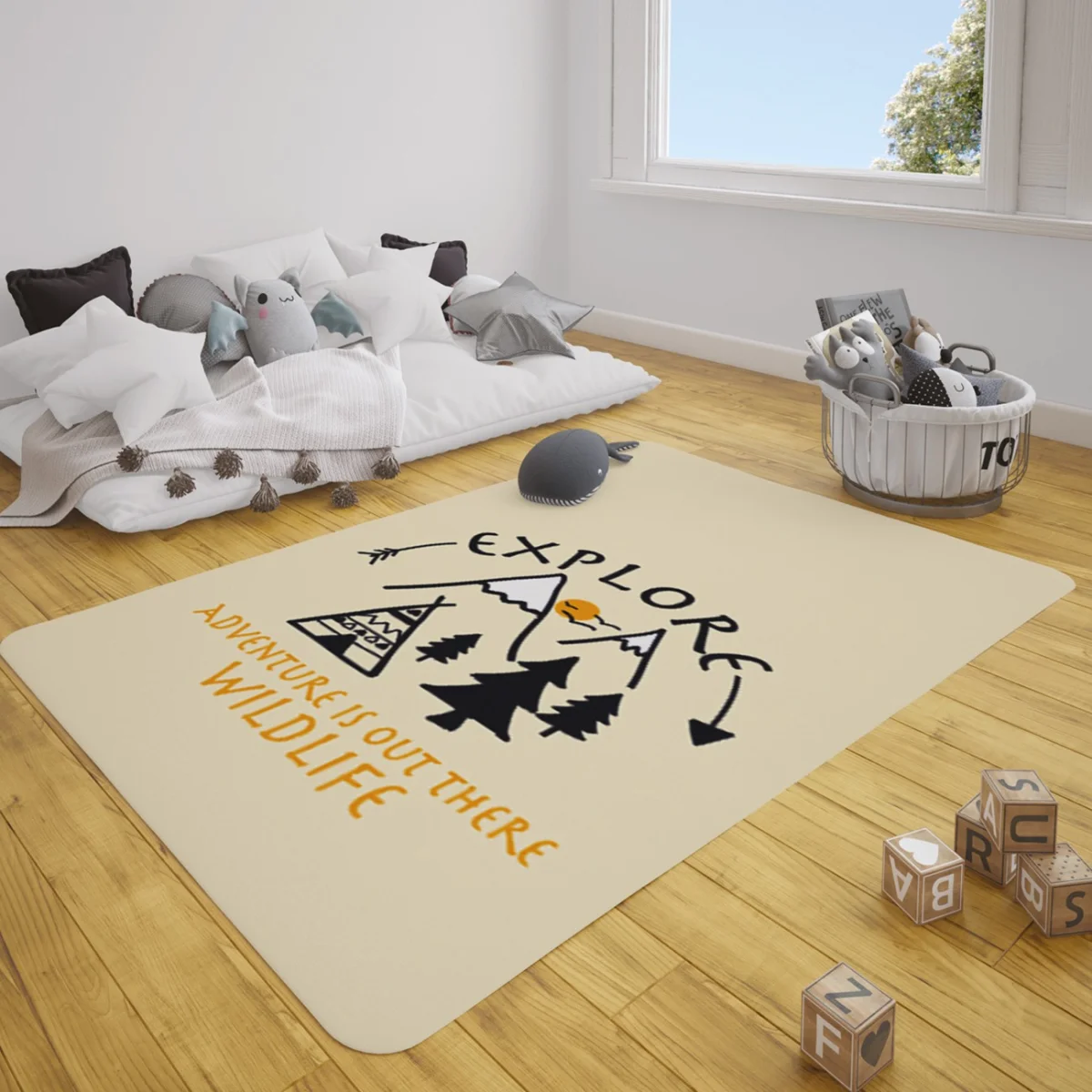 Doğa ve Macera Çocuk Halısı | Krem Dağlar, güneş Desenli