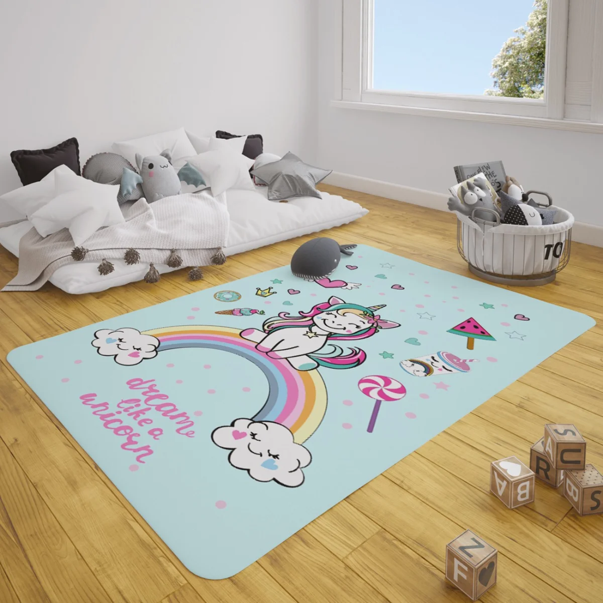 Unicorn Çocuk Halısı | Mavi gökkuşağı, bulutlar Desenli