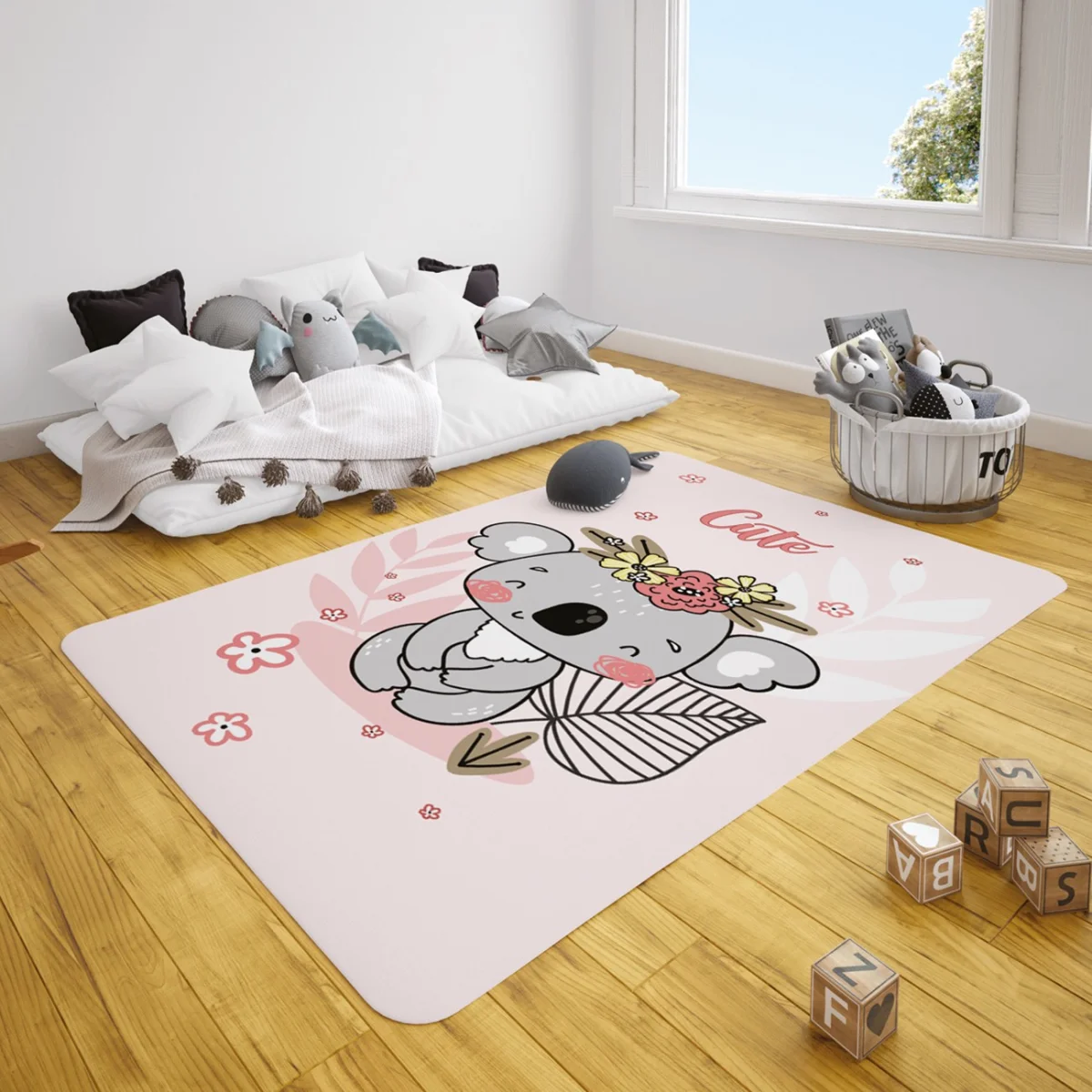 Koala Çocuk Halısı | Pembe çiçekler, yapraklar Desenli