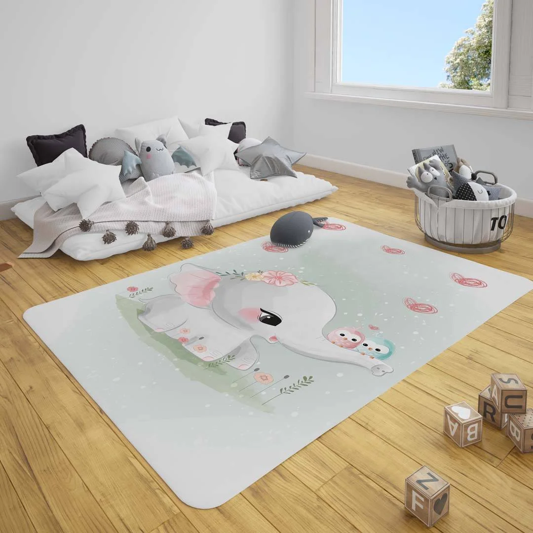 Sevimli Fil Çocuk Halısı | Açık Yeşil Kalpler, kuşlar Desenli