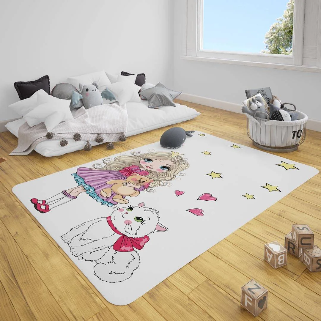 Prenses Çocuk Halısı | Beyaz yıldızlar, kalpler Desenli