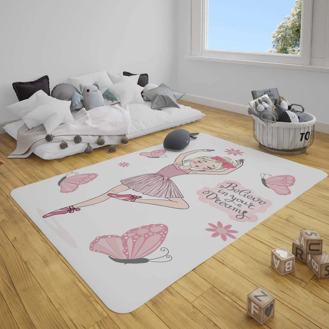 Baletin Çocuk Halısı | Beyaz kelebek, çiçek Desenli