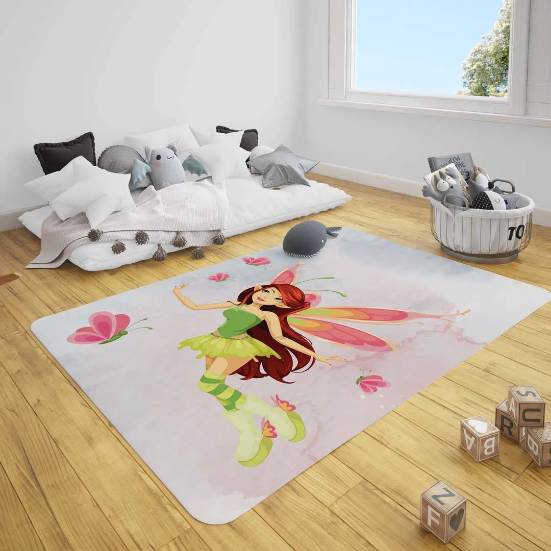 Peri Çocuk Halısı | Açık Gri Kelebekler, suluboya efektli Desenli