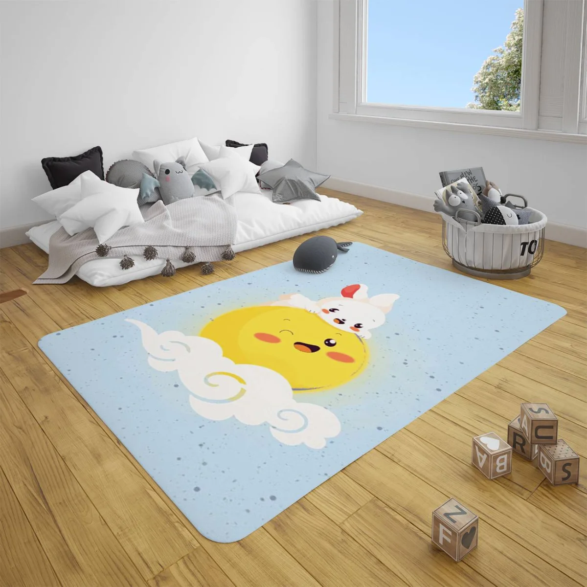 Ayda Tavşan Çocuk Halısı | Mavi yıldız, bulut Desenli