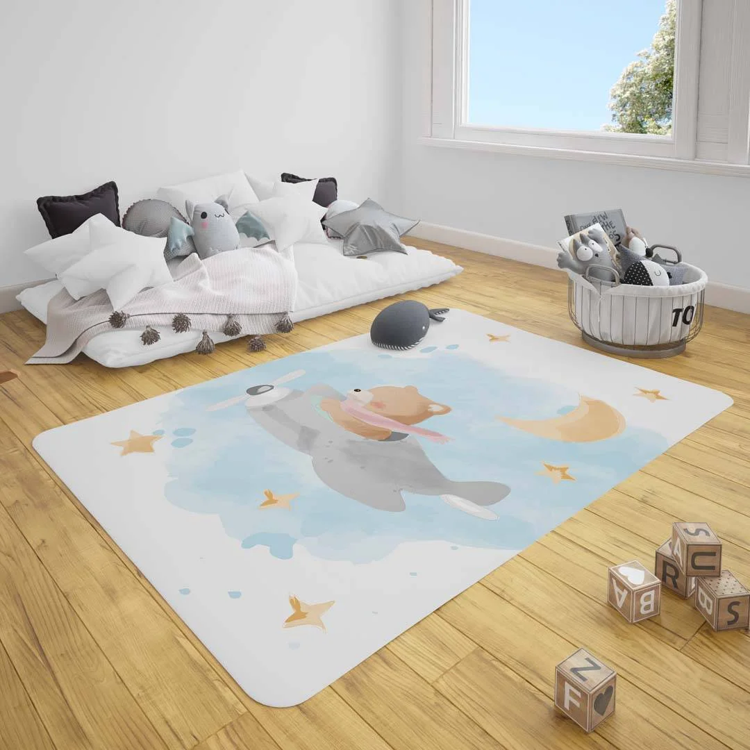 Ayı, uçak Çocuk Halısı | Mavi yıldız, ay Desenli