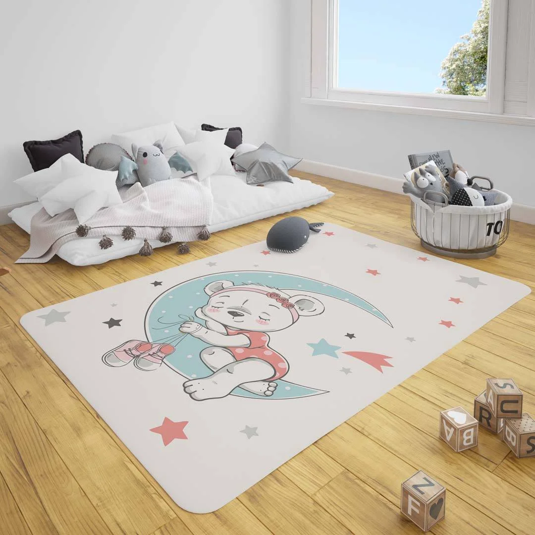 Ayda uyuyan ayı Çocuk Halısı | Beyaz yıldızlar, ay Desenli
