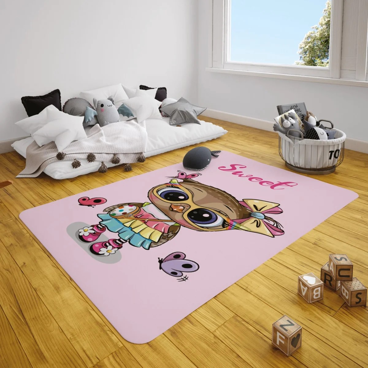 Sevimli Baykuş Çocuk Halısı | Pembe kelebekler, Sweet yazısı Desenli