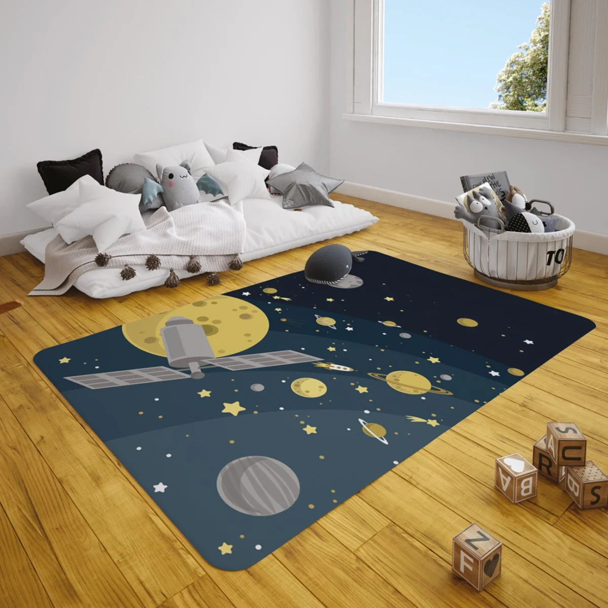 Uzay Çocuk Halısı | Mavi gezegenler, yıldızlar Desenli