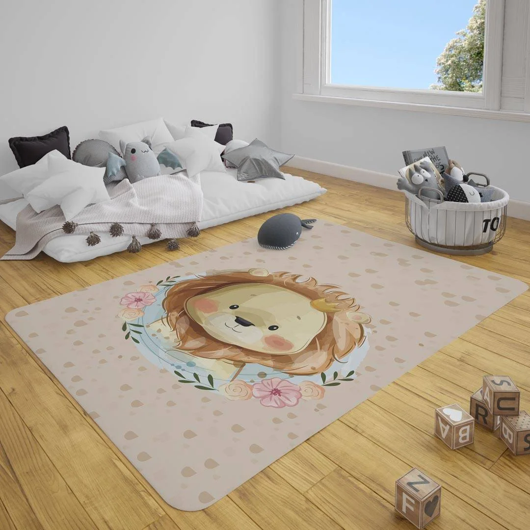 Orman Hayvanları Çocuk Halısı | Bej kalpler, çiçekler Desenli