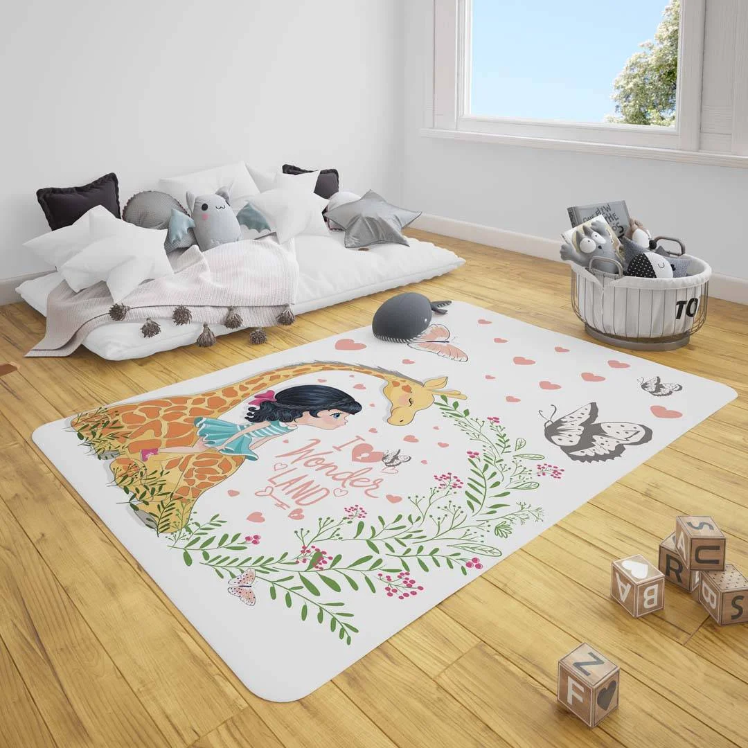 Kız ve Zürafa Çocuk Halısı | Beyaz Kalpler, kelebekler Desenli