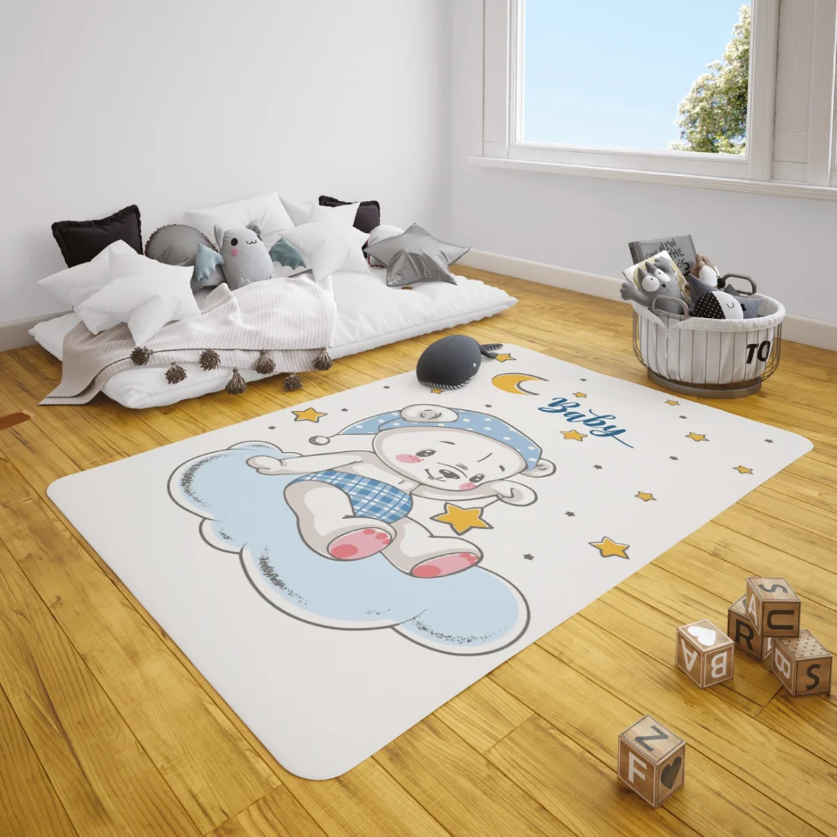 Ayı Çocuk Halısı | Beyaz yıldızlar, bulut Desenli