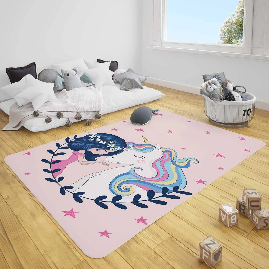 Unicorn Çocuk Halısı | Pembe yıldız, çiçekler Desenli