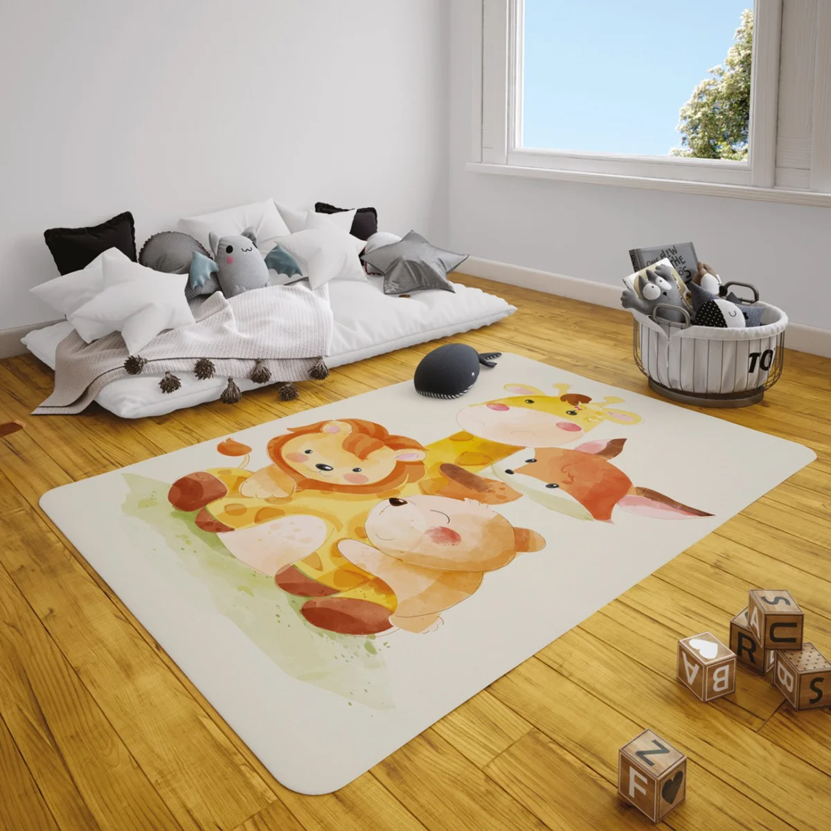 Orman Hayvanları Çocuk Halısı | Beyaz küçük kuşlar, yapraklar Desenli