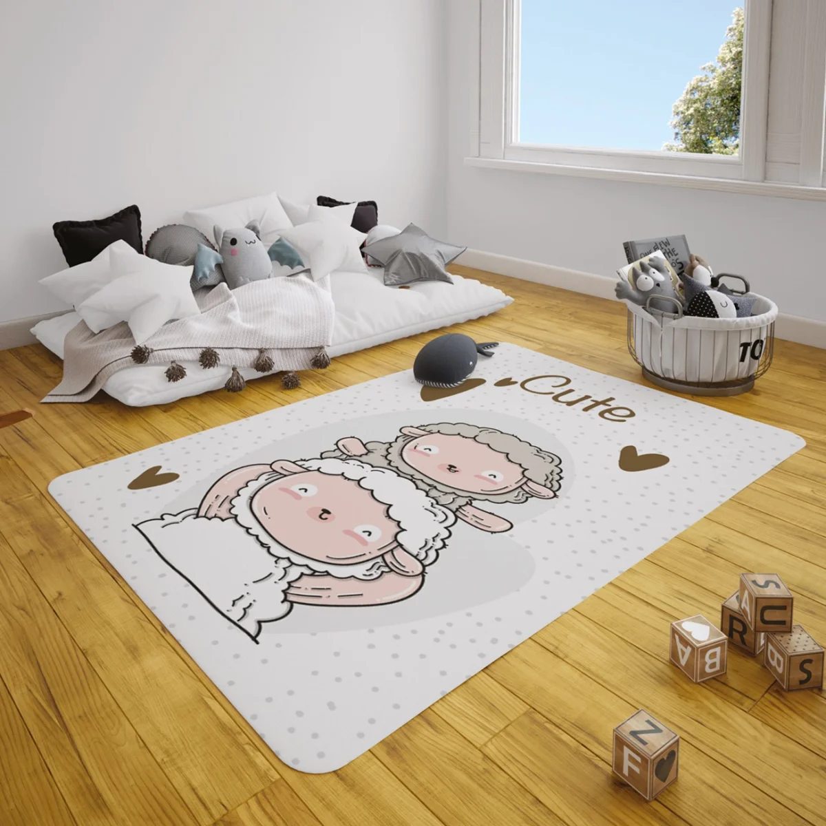 Koyunlar Çocuk Halısı | Beyaz puantiye, kalp Desenli