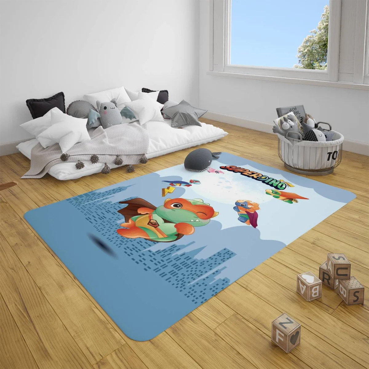Süper Kahraman Dinozorlar Çocuk Halısı | Mavi şehir silüetleri, ay Desenli