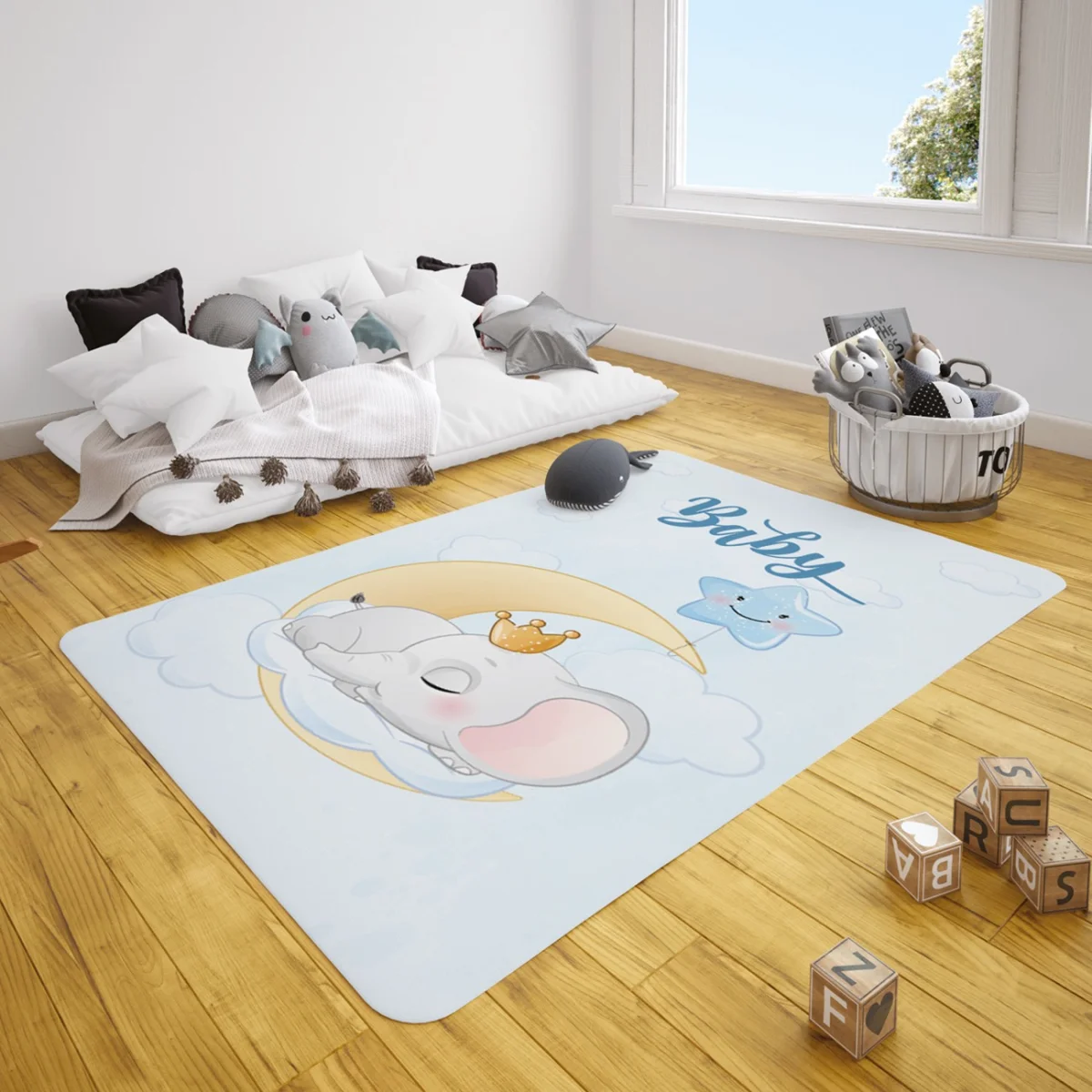 Uyuyan bebek fil, ay Çocuk Halısı | Mavi Taç, bulut Desenli