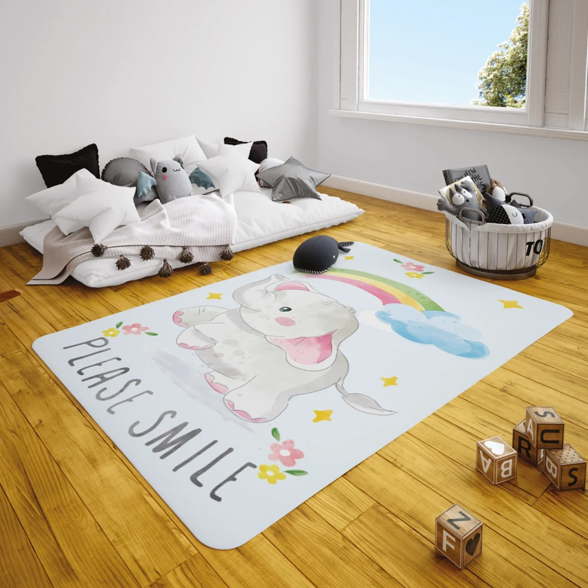 Fil Çocuk Halısı | Açık Mavi gökkuşağı, bulutlar Desenli