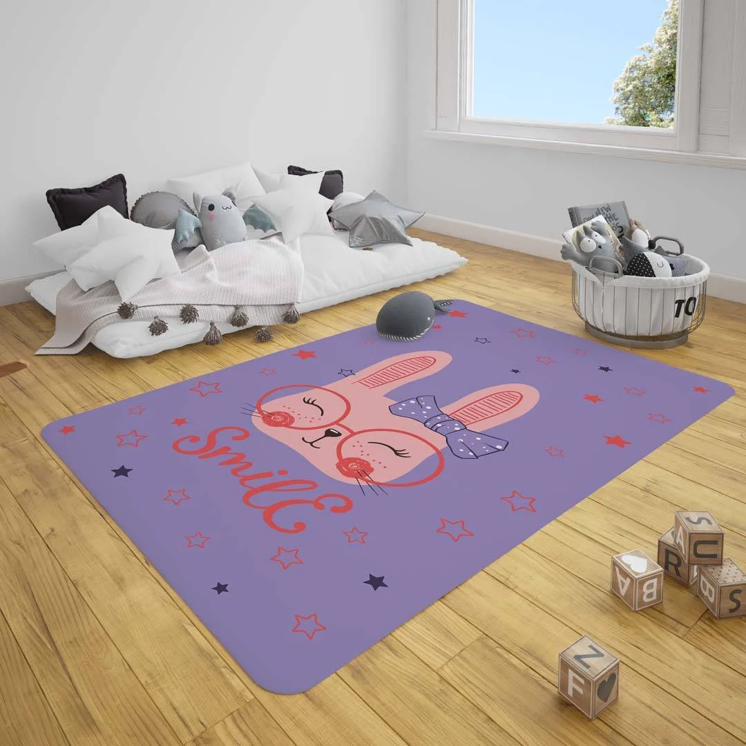 Tavşan Çocuk Halısı | Mor yıldız, Smile yazısı Desenli