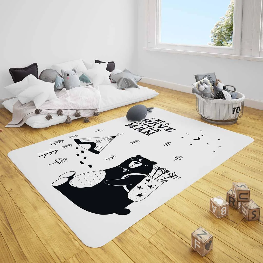 Ayı ve Orman Temalı Çocuk Halısı | Beyaz ayı, çadır Desenli