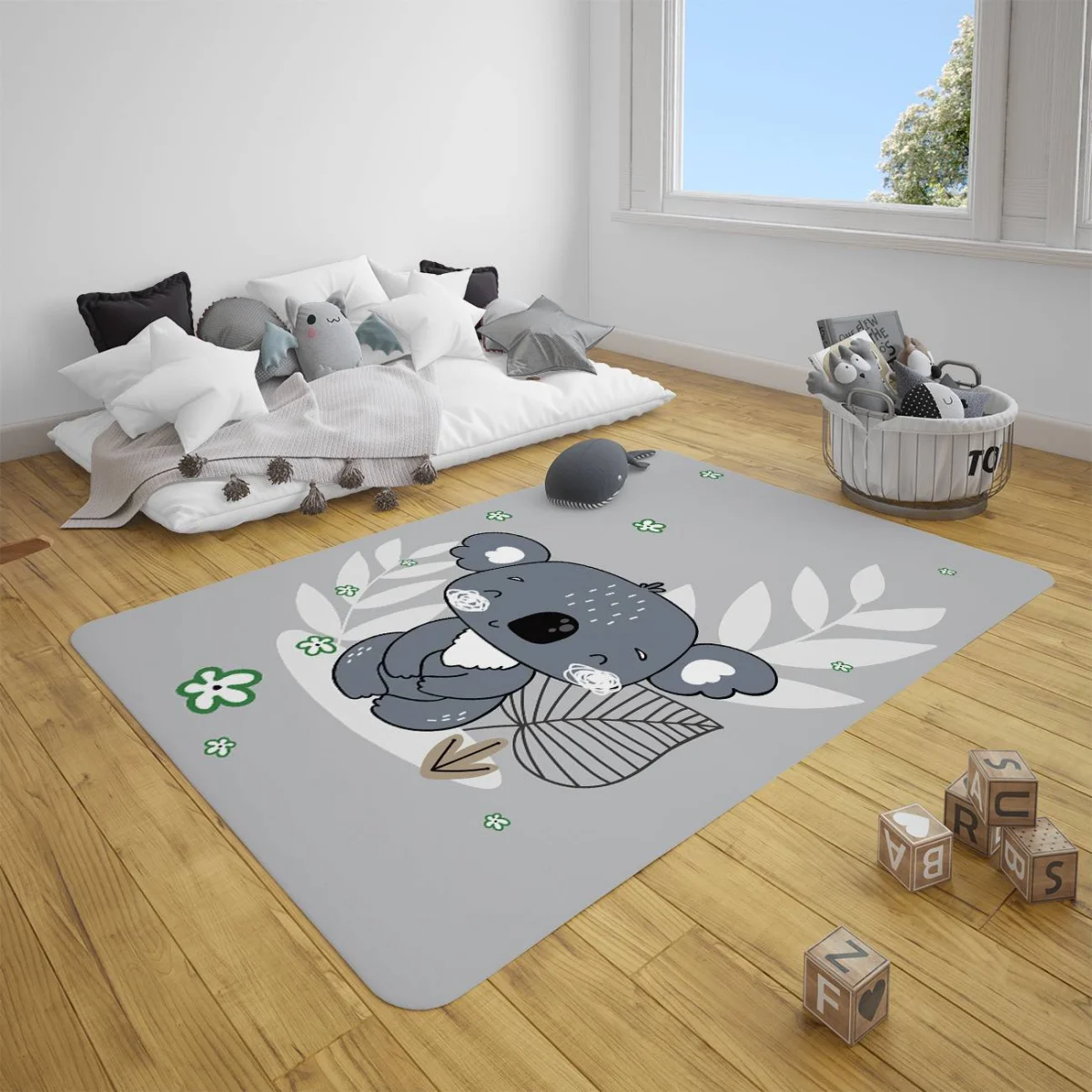 Koala Çocuk Halısı | Gri Yapraklar, küçük yeşil çiçekler Desenli