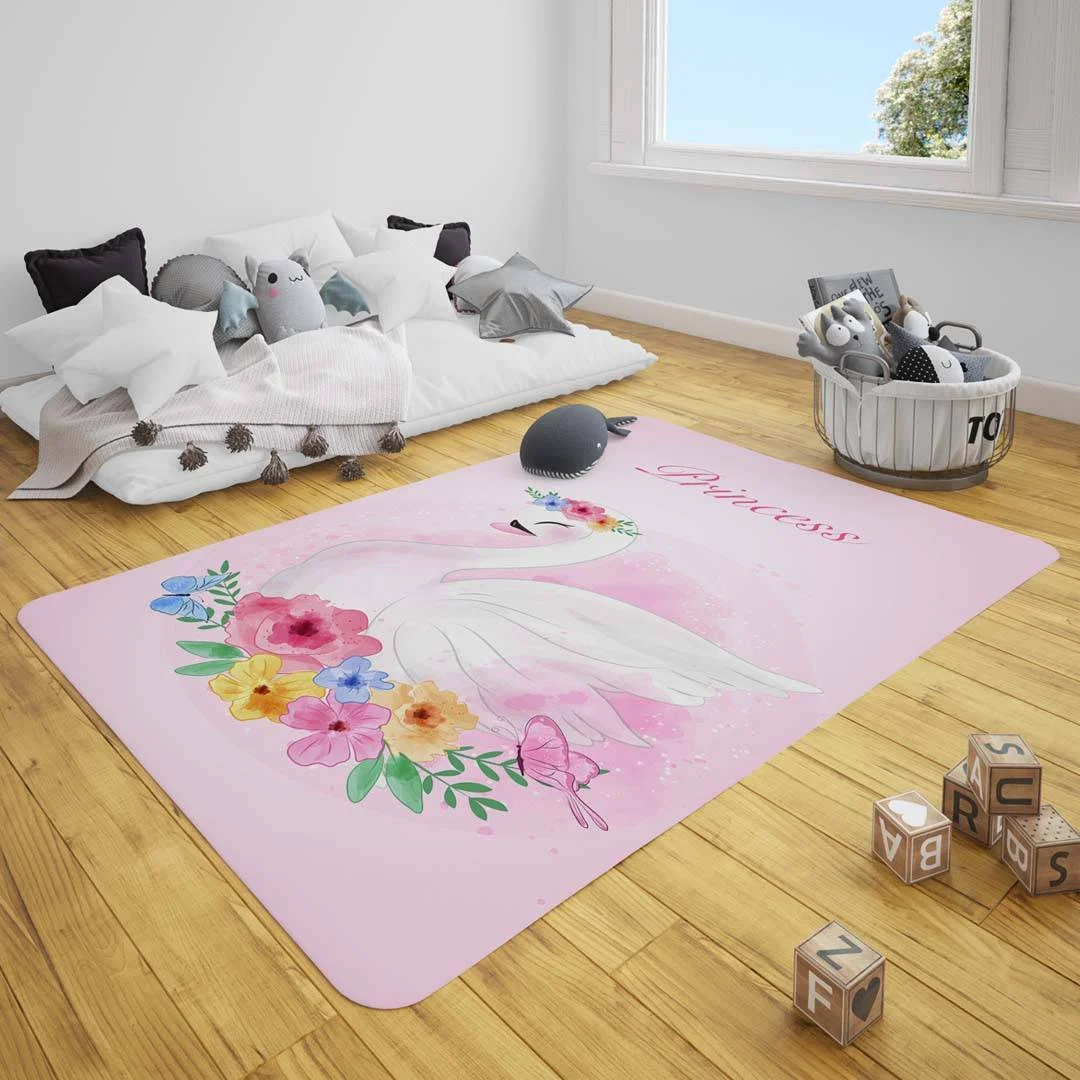 Kuğulu Prenses Çocuk Halısı | Pembe çiçekler, kelebekler Desenli