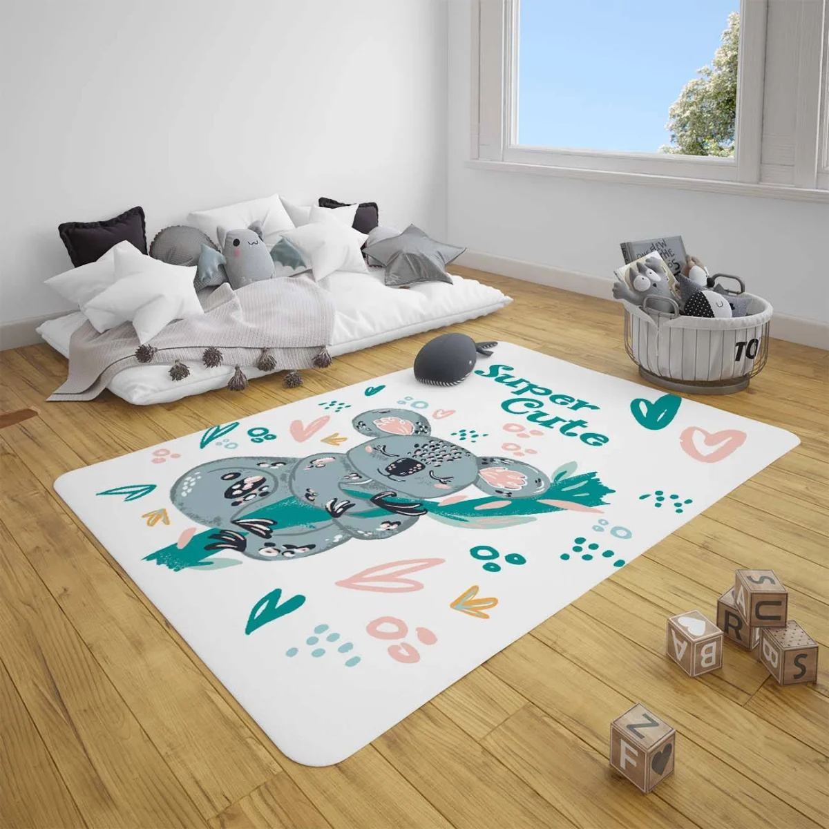 Koala Çocuk Halısı | Beyaz yaprak, kalp Desenli