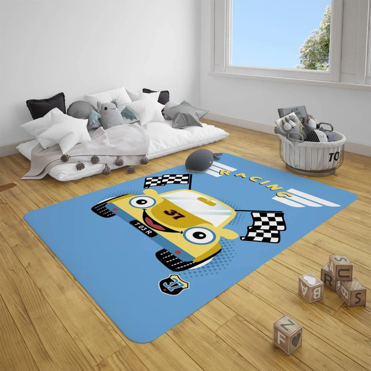 Yarış Arabası Çocuk Halısı | Mavi yarış bayrakları, kanatlı yazı Desenli