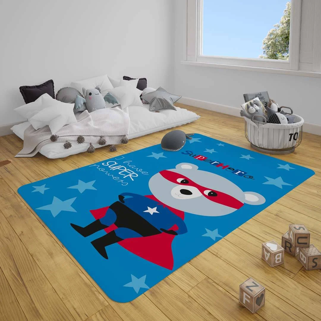 Süper Kahraman Ayı Çocuk Halısı | Mavi yıldızlar, Süper Kahraman yazısı Desenli