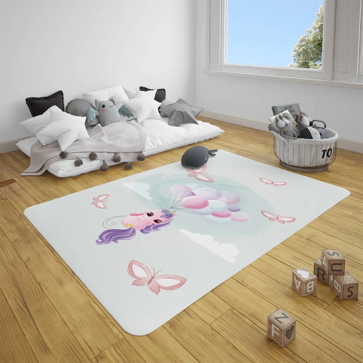 Unicorn Çocuk Halısı | Açık mavi balon, bulut Desenli